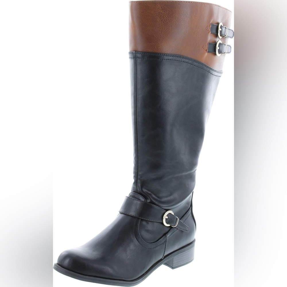 Soda Shoes Women's Golf-S Low Block Heel Harness Riding Boots size 8 - Black/Tan